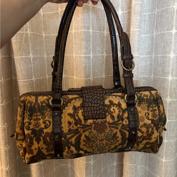 Vintage 90s Tapestry Shoulder Bag with Croc-Effect Trim in Brown - Picture 5 of 13